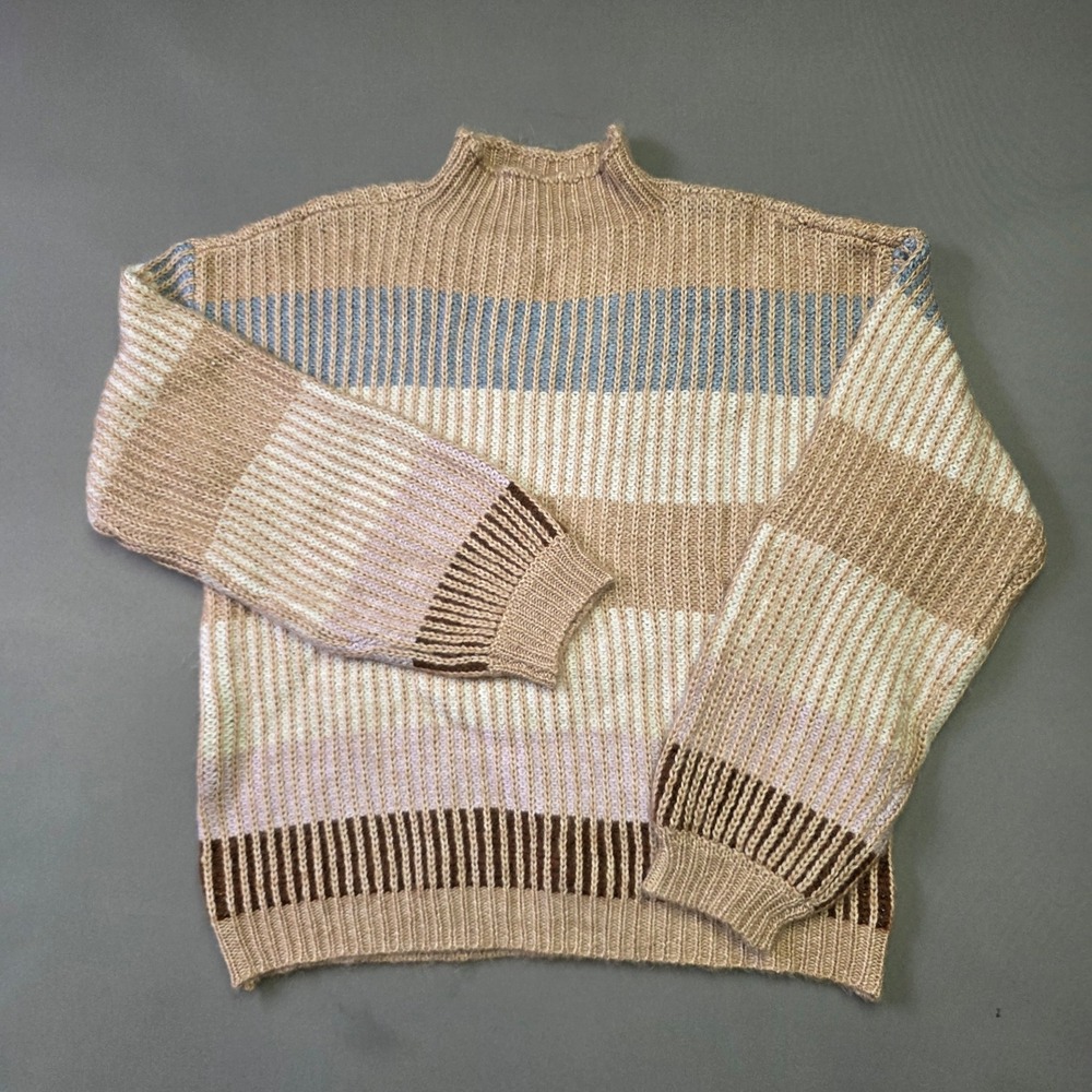 Lee Mens Striped Mock Neck Ribbed Knit Sweater Tan Blue Brown Size M NEW